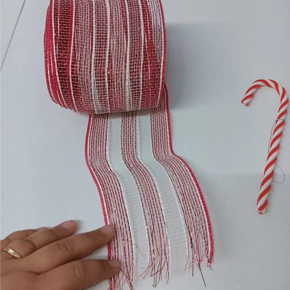 Deco Mesh Ribbon Unisex  Red White Candy Cane Stripe Metallic 4in